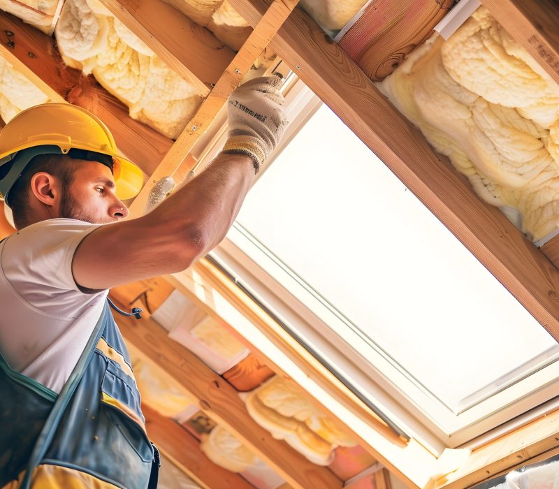 A construction worker installing roof insulation to a house from inside